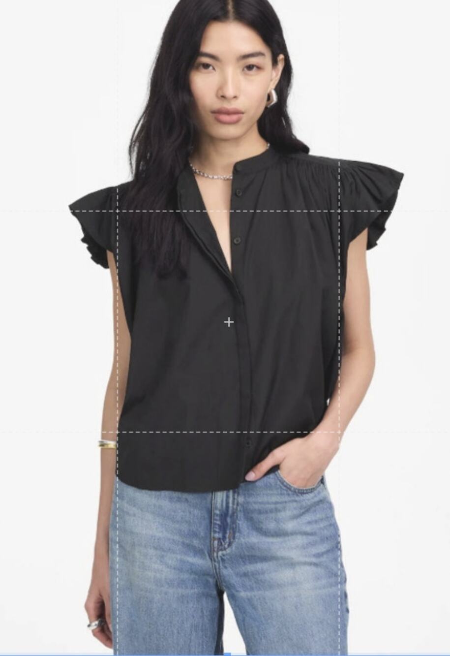 Madewell Poplin Shirred Button-Up Shirt Womens XL Black Ruffle Cap Sleeve NU451